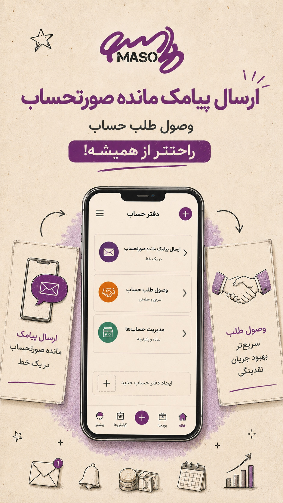اسکرین‌شات صفحه طرف حساب‌های ماسو — وضعیت حساب هر مشتری