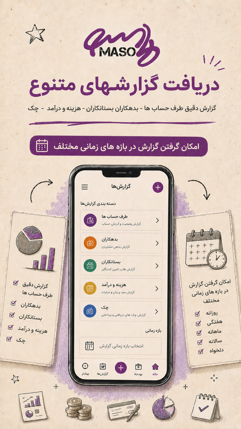 اسکرین‌شات فرم ثبت تراکنش در ماسو — ثبت طلب، بدهی، درآمد و هزینه